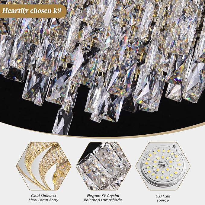 40 inch Crystal Silver Ceiling-Light Flush Mount with Remote Control and APP, 3CCT Dimmable & Brightness Adjustable, Modern Crystal Raindrop Chandeliers for Bedroom Hallway Dinning Room Living Room