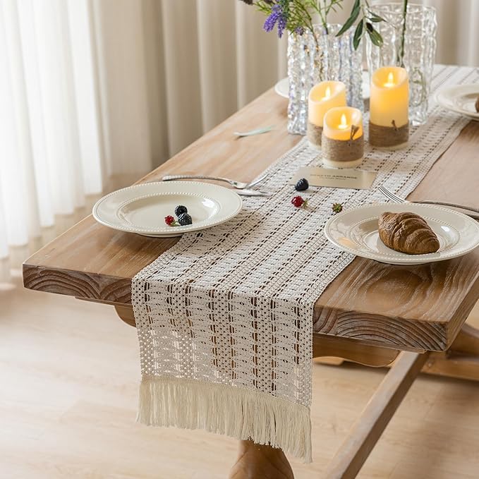 Boho Table Runner White for Home Decor 12x48 Inches Farmhouse Macrame Burlap Jute Rustic Dining Kitchen Centerpiece Bohemian Decor French Country Baby Bridal Shower Decorations