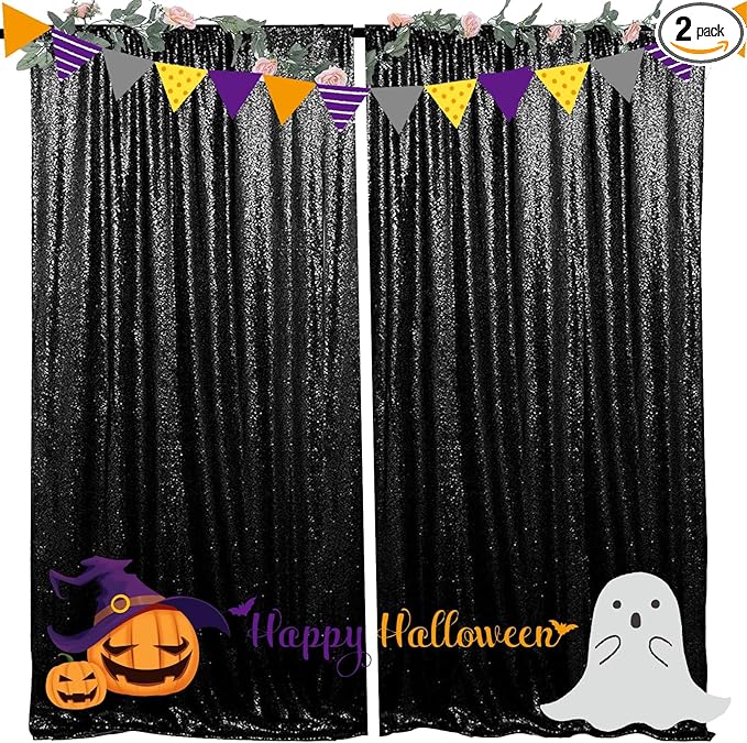 4FTx8FT Black Sequin Backdrop Curtains 2 Panels Sparkly Backdrop Drapes for Halloween Christmas Parties, Baby Showers,Birthday