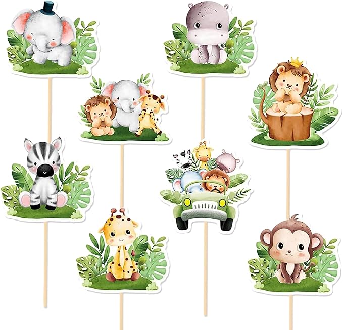 Safari Animal Cupcake Toppers – 24-Pack Jungle Safari Cake & Cupcake Picks with Lion, Elephant, Giraffe, Zebra & Monkey Designs, Party Dessert Decorations for Baby Showers & Birthdays
