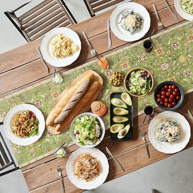 Snycler Table Runner Boho Table Runners Vintage Elegant Farmhouse Table Center Linen Decor for Home Dining Party Entrance (13x108 Inch) Green