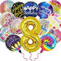 50 Pcs Happy Birthday Party Aluminum Foil Balloons and 8th Birthday Balloons, 18 Inch Round Aluminum Foil Balloon with" Happy Birthday" Sign, Birthday Party Decorations for Boys/Girls(Yellow, 8)
