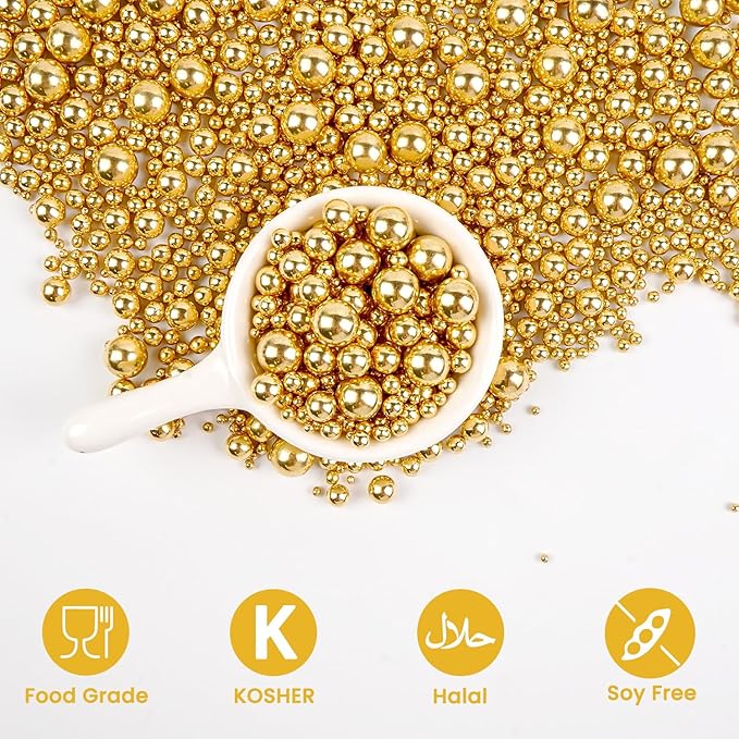Gold Pearl Sprinkles, Edible Sugar Pearl, Bright Sprinkles 180g/6.35oz, Gold Pearls for Cake Decorating, Edible Cake Decorations, Cupake Toppers, Wedding Party Supplies