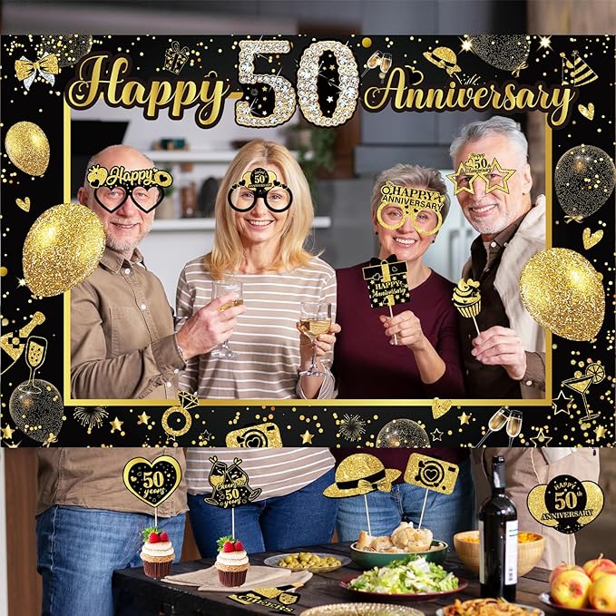 50th Wedding Anniversary Decorations Black Gold 50th Wedding Anniversary Party Photo Booth Props and Selfie Frame Silver Happy 50 Years Anniversaries Party Supplies for Women Men Cheers to 50 Years