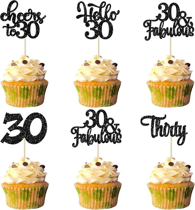 30Pcs Happy 30th Birthday Cupcake Toppers Black Glitter Thirty Cheers to 30 Birthday Cupcake Picks for Happy 30th Birthday Anniversary Party Cake Decorations Supplies