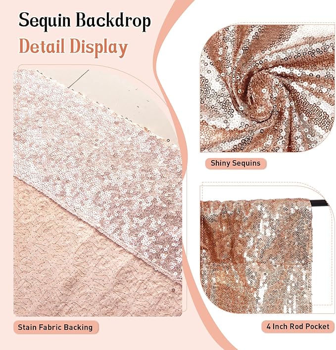 SquarePie Sequin Backdrop Not See Through Thick Background Glitter Curtain Party 20FT x 10FT Rose Gold