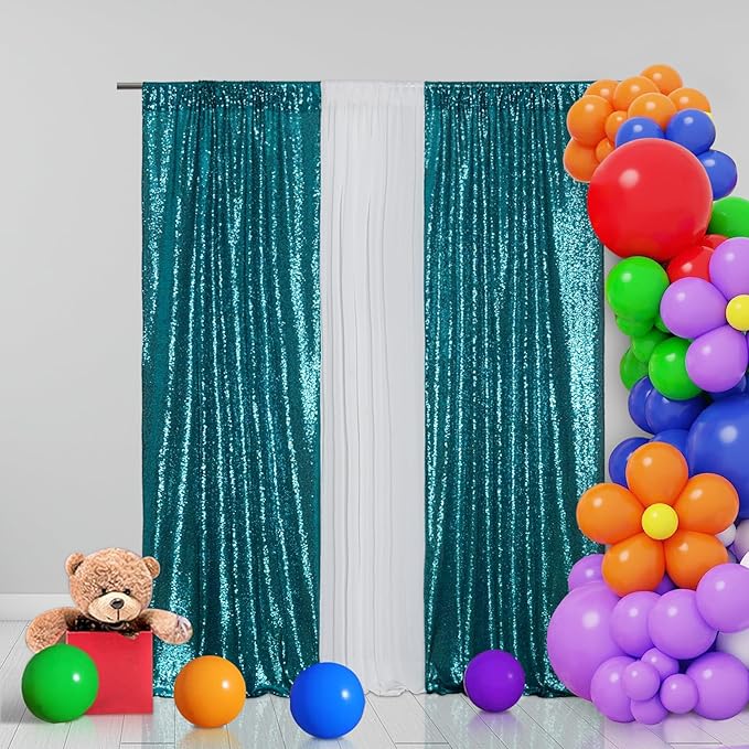 Eternal Beauty Teal Sequin Backdrop Curtains, Shimmer Back Drop 2Panels-2FTx8FT for Christmas, Party, Birthday, Photography, Wedding, Baby Shower Event Decoration