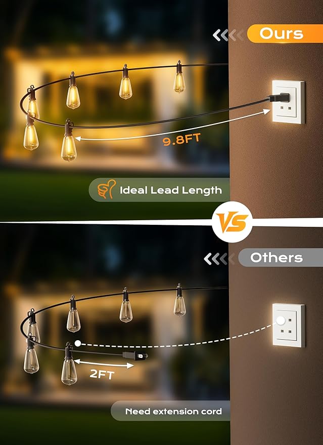 Outdoor-String-Lights-Patio-Lights, 100FT ST38 Shatterproof Dimmable Waterproof Connectable LED Christmas Lights, Hanging Outside Light for Backyard, Porch, Deck, Balcony, Garden, Home Decor