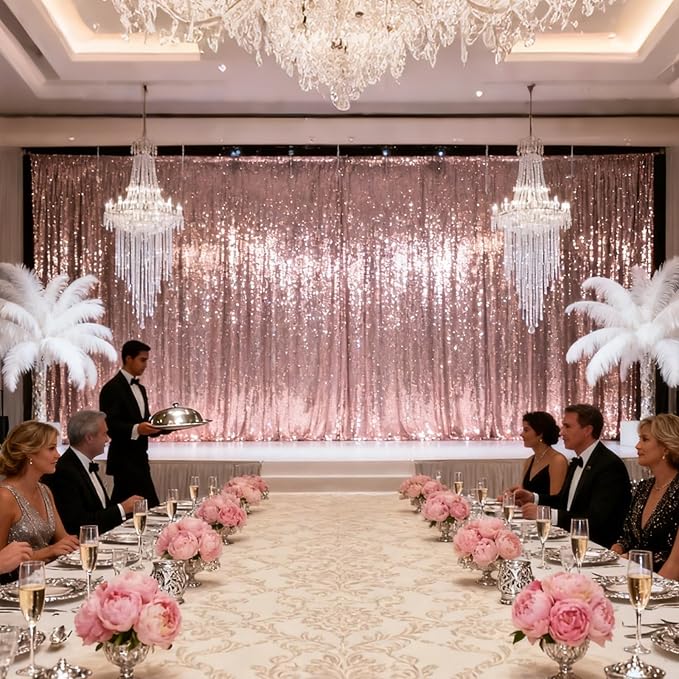 VOK Rose Gold Sequin Backdrop Curtains 4 Panels 2FTx8FT Glitter Photography Background for Wedding Birthday Christmas Party Decorations