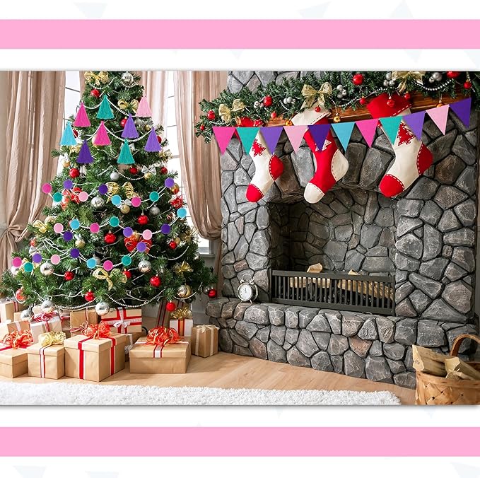 Irenare 9.8 ft Pom Pom Garland Felt Colorful Tassel Banner Christmas Party Pompoms Garland Decorations Felt Pennant Banner for Classroom Home Mantel Fireplace Birthday(Mermaid Colors)