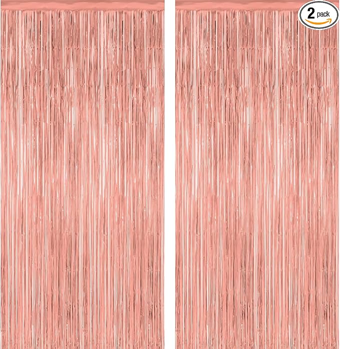Rose Gold Streamers Party Decorations 2 Pack Rose Gold Tinsel Backdrop Supplies Foil Curtain Backdrop for Bridal Baby Shower Birthday Bachelorette Wedding Engagement Party Decorations