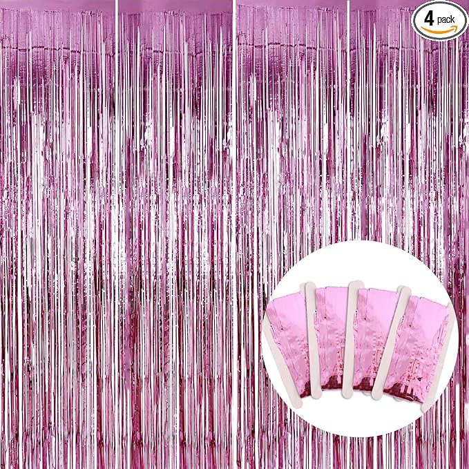 BEISHIDA 4 Pcs Pink Door Streamers Tinsel Curtain Party Streamers Backdrop Fringe Foil Wall Background for Birthday Christmas Wedding Pink Girls Valentine's Day Party Decoration(3.28 ft x 6.56 ft)