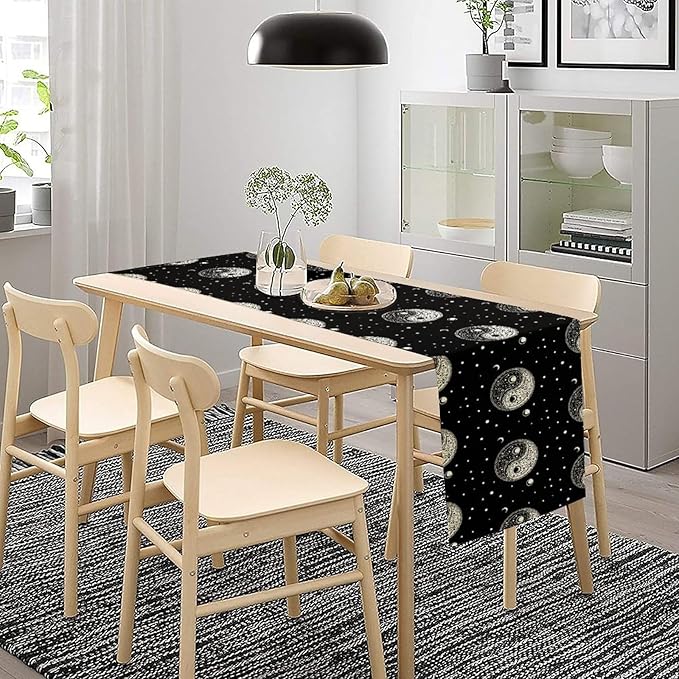 Mystical Celestial Table Runner, Vintage Bohemian Black Yin Yang Symbol Moon Stars Print Table Runner for Office Kitchen Dining Wedding Party Home Coffee Table, 13x90inch