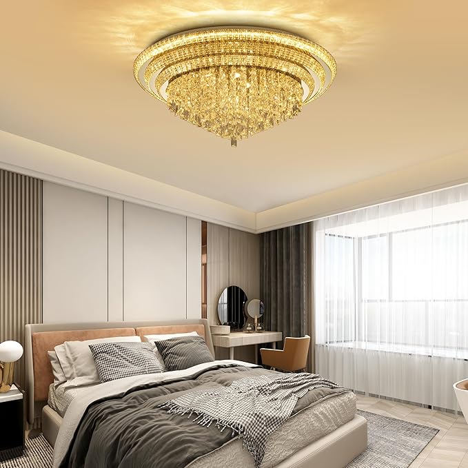 40 inch Crystal Gold Ceiling-Light Flush Mount with Remote Control and APP, 3CCT Dimmable & Brightness Adjustable, Modern Crystal Raindrop Chandeliers for Bedroom Hallway Dinning Room Living Room