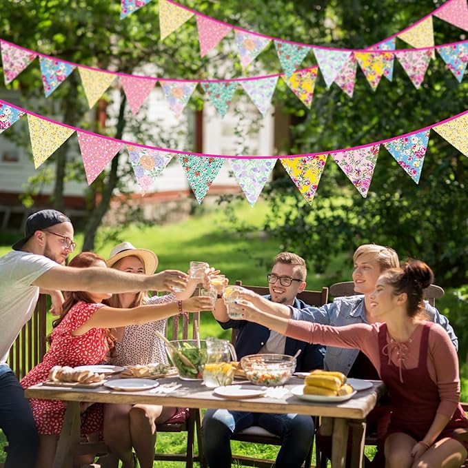 jijAcraft 39Ft Triangle Bunting Banner, 42Pcs Tea Floral Party Bunting Cotton Fabric Flags Pennant Garlands for Birthday Party, Wedding, Baby Shower, Outdoor and Home Decorations (Pink and Grenn)