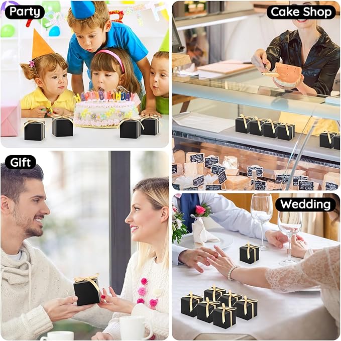 EUSOAR Candy Boxes Party Favors, 30pcs 3x3x3 Inches Black Gift Boxes Mini Bakery Cookies Box with Gold Ribbon, Square Paper Chocolate Containers for Wedding Birthday Bridal Party Favor Decoration