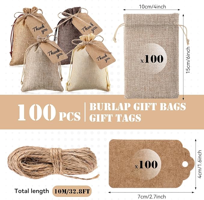 Woanger 100 Pcs Burlap Gift Bags with 100 Pcs Kraft Paper Gift Tags with Drawstring Favor Bulk Burlap Sack Bags for DIY Wedding Party Craft (4 x 6 Inch,Hemp, Beige, Medium Brown, Dark Brown)