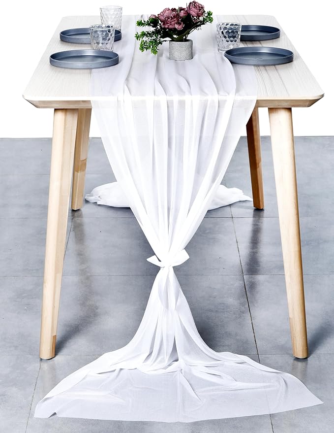 MDS 25 Pack 10ft Chiffon Table Runner 29 x 120 Inches Sheer Wedding Runner Romantic Rustic Table Runner for Wedding Decorations, Birthday Parties, Bridal Shower Party Arch Decor - White