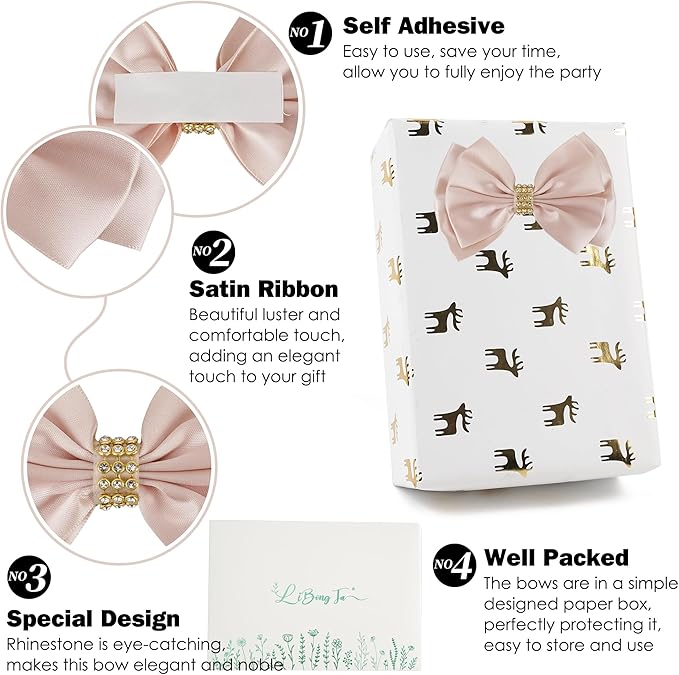 Pink Ribbon Bow 4'' Premade Satin Bows, Pink Gift Bows with Rhinestone, Rose Gold Bow for Presents, Greeting Cards, Treat Bags, Wine Bottle, Valentines Bows for Gift Wrapping-12 Counts