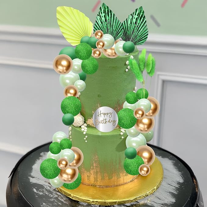 Ephlyn 33 Pack Balls Cake Toppers Boho Palm Leaves Cake Decorations Round Acrylic Happy Birthday Cupcake Toppers for Birthday Wedding Baby Shower Party Supplies Green