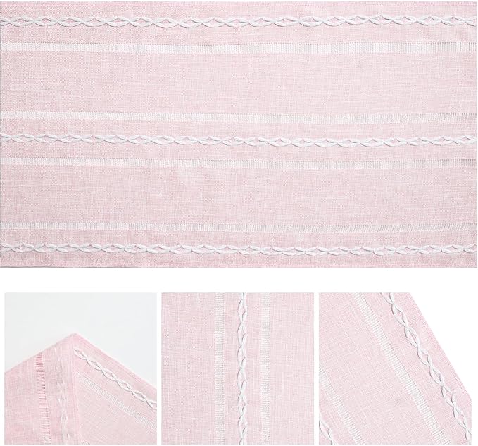 Artoid Mode Pink Rustic Cotton Linen Table Runner, Seasonal Embroidered Hollow Kitchen Dining Table Decoration for Home Party Decor 13x60 Inch