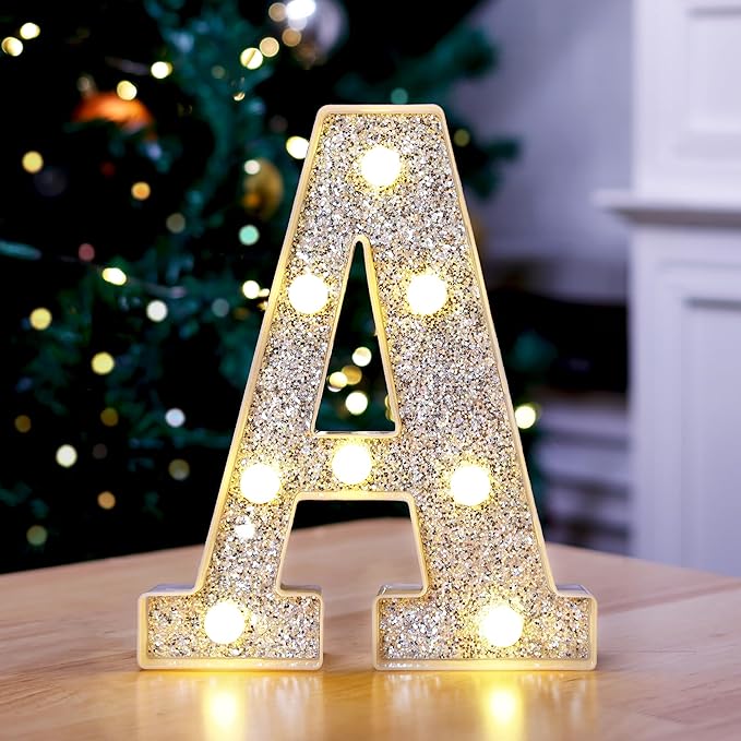 Marquee Light Up Letters, Glitter Silver LED Letter Lights Battery Powered Alphabet Letter Sign for Night Light Wedding Birthday Party Cafe Bar Decoration Girls Room Decor - A