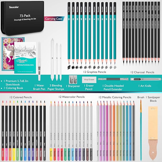 Soucolor 73 Pack Art Supplies Sketching Kit for Adults Kids Teen Gifts, Christmas Gifts, Drawing Sketching Pencils with Sketchbook, Coloring Book, Colored Watercolor Metallic Graphite Charcoal Pencils