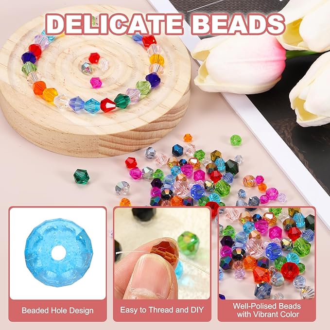 PATIKIL 1000pcs 4mm Bicone Glass Crystal Beads, Faceted Glass Spacer Beads with Box for Jewelry Making Bracelet Necklace Earrings DIY Suncatcher Craft, Sky Blue AB