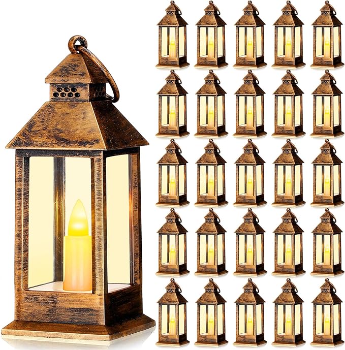 Hoolerry 24 Set Halloween Mini Lanterns with LED Candles 5.5'' Decorative Hanging Small Vintage Lantern Centerpiece Battery Powered for Wedding Table(Retro)