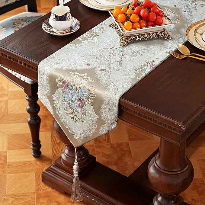 HeMiaor Exquisite Table Runner with Chenille and Elegant Chic Jacquard Textured Damask Design with Beaded Tassels for Daily Decoration 120 inches Long Beige