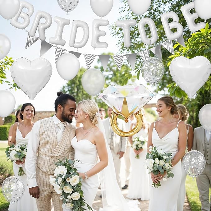 White Bachelorette Party Decorations, White Bride To Be Bridal Shower Balloons Decorations, Silver Confetti Balloon with Diamond Ring Heart Balloon for Bachelorette Engagement Wedding
