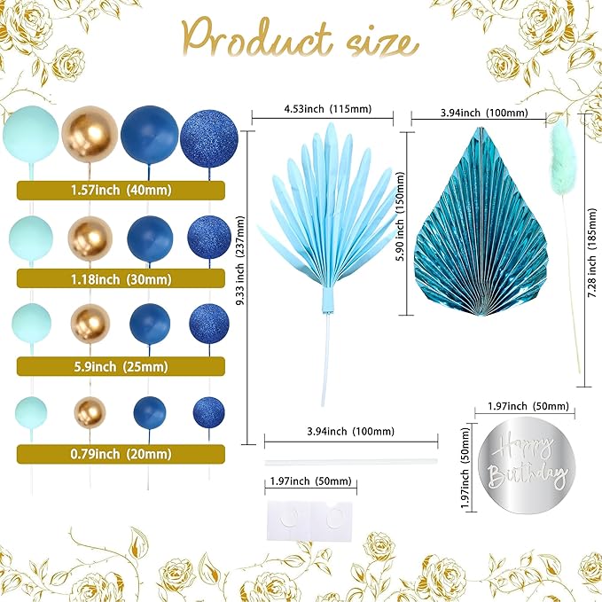 Ephlyn 33 Pack Balls Cake Toppers Boho Palm Leaves Cake Decorations Round Acrylic Happy Birthday Cupcake Toppers for Birthday Wedding Baby Shower Party Supplies Blue