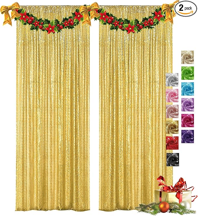 VOK Gold Sequin Backdrop Curtains 2 Panels 2FTx8FT Glitter Photography Background for Wedding Birthday Christmas Party Decorations