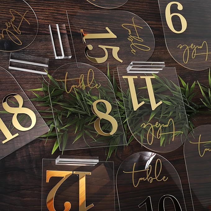Wedding Table Numbers 1-20 with Holders, 5 x 7 Inch Transparent Acrylic Reception Table Signs Golden Letters, Number Cards for Party, Restaurant