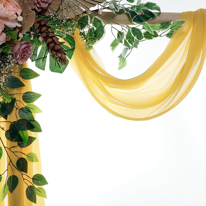 VDS Pack of 4 Panel (30 Inch X 20 Feet) Wedding Arch Draping Fabric Sheer Chiffon Fabric Drapery for Wedding Ceremony Reception Swag Backdrop Canopy Chuppah ARBO Altars Decoration (Gold)