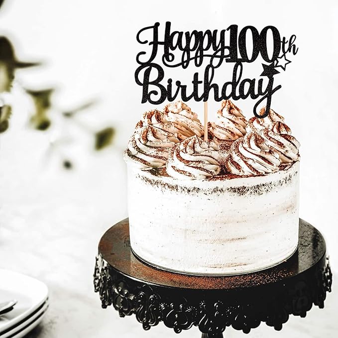 1 PCS Happy 100th Birthday Cake Topper Glitter Cheers to 100 Years Cake Pick 100 Fabulous Cake Decoration for 100th Birthday Party Decorations Supplies Black