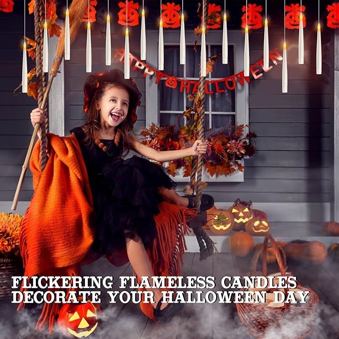 Floating Candles with Wand Remote, 20 Pcs Magic Halloween Hanging Candles, Flickering Warmer Light Flameless LED Candles with DIY Sticker, Battery Operated Halloween Decorations Gifts Indoor (18)