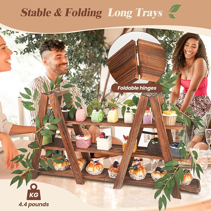 Wooden 3-Tier Cupcake Stand with Removable Trays & Vine Decoration – Foldable Party Display Serving Ladder with Platter for Cake, Snacks, Fruits, Chips, Bread