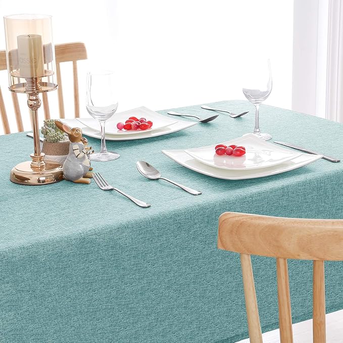 Hiasan 2 Pack Faux Linen Rectangle Tablecloth - Wrinkle and Stain Resistant Washable Table Cloth for Kitchen Dining Room Holiday Table Cover for Party Dinner, Aqua, 60 x 102 Inch