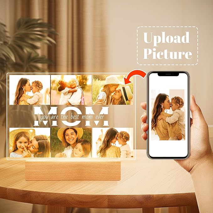 Personalized Gifts for Mom from Daughter Son, Custom Picture Frames with Photos, Customized Photo Frame with Night Light, Personalized Birthday Gifts for Mom Baby Kids Family