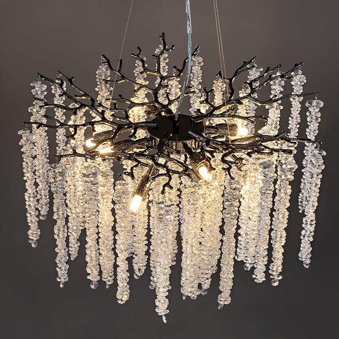 YUYI Modern Crystal Chandeliers for Dining Room,Black Tree Branches Chandelier Lighting,Round Luxury High Ceiling Chandelier Light Fixture Hanging Pendant Light Fixtures