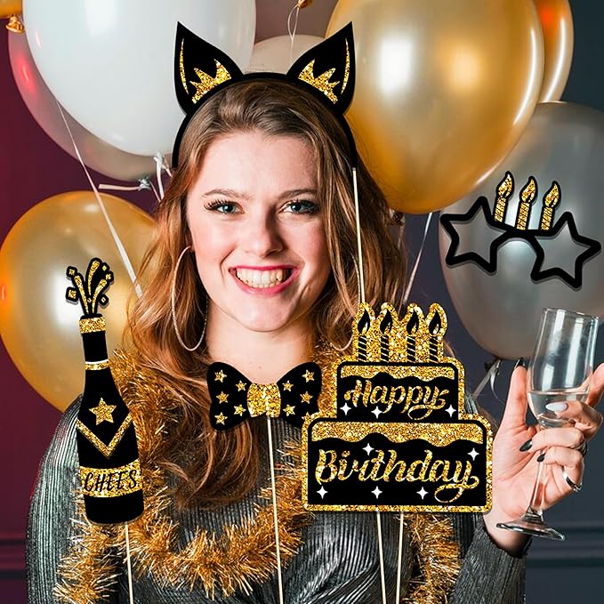 36 PCS Birthday Photo Booth Props Party Supplies Holiday Picture Decorations Photo Booth Props for Birthday Party Favors Pose Sign Kit Fun for Party (Black and Gold)
