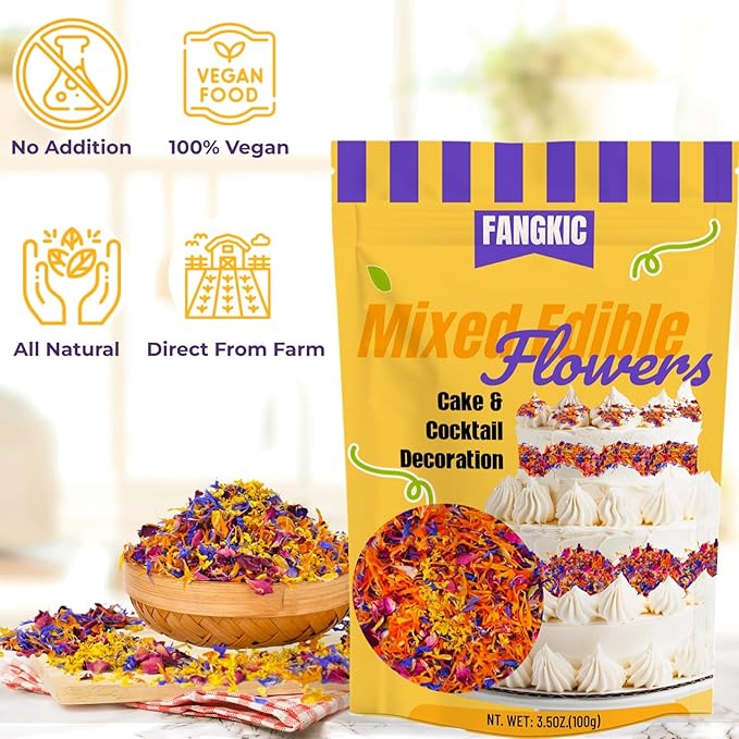 4 Kinds Natural Dried Edilble Flowers Petal Blend (3.5 Ounce), Edible Flowers for Cocktail, Cake Decoration, Soap Making, Ice cream. Include Rose Petals, Cornflower, Osmanthus, and Calendula