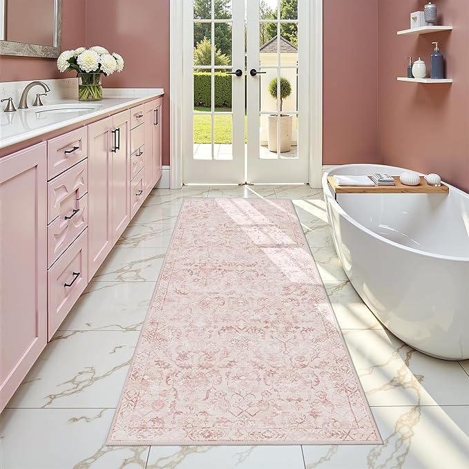 Pink 2x6 Runner Rug for Hallways Bed Side Kitchen, Boho Washable Distressed Low-Pile Floor Entryway Long Bathroom Mat, Non-Slip Laundry Room Washstand Front Carpet Green 24x72 Inch