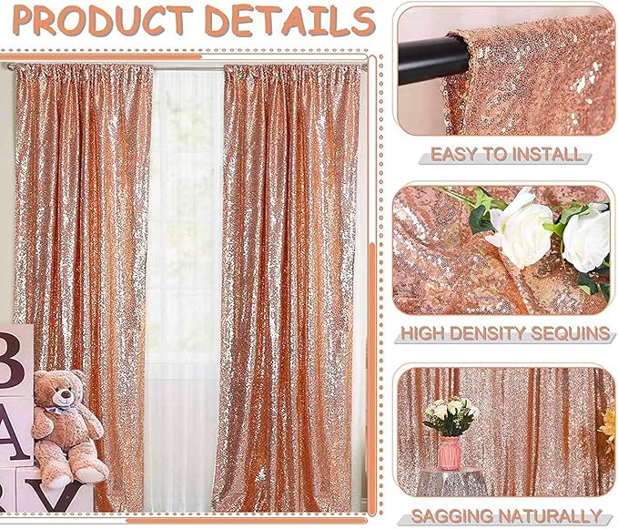 Rose Gold Sequin Backdrop Curtains Glitter Drapes 2FTx8FT 2 Panels for Wedding Birthday Party Decorations Bridal Baby Shower Party Supplies Sparkly Photography Background