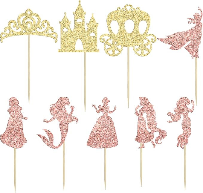 Gyufise 36Pcs Princess Cupcake Toppers Glitter Mermaid Girl Castle High Heel Crown Cupcake Picks Princess Theme Baby Shower Girls Birthday Party Cake Decorations Rose Gold