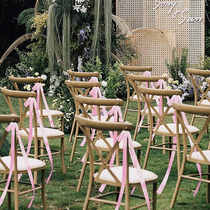 24 Pcs Large Wedding Pink Ribbon Bows for Wedding Chairs Decorative Ribbon Sashes for Pew Back Elegant Ceremony Ribbons for Bridal Shower Banquet Marriage Ceremony