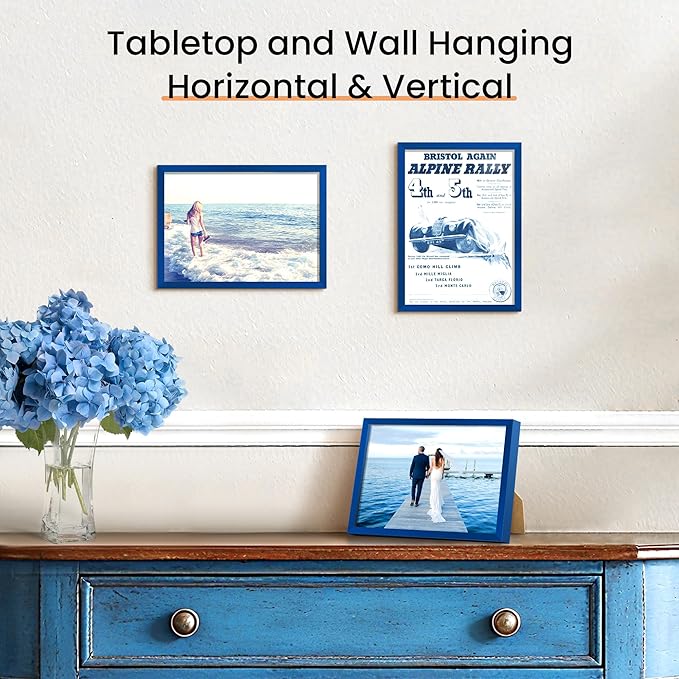 upsimples 5x7 Picture Frame Set of 3, Made of High Definition Glass for 5 x 7, Wall and Tabletop Display Thin Border Photo Frames for Home Decor, Blue