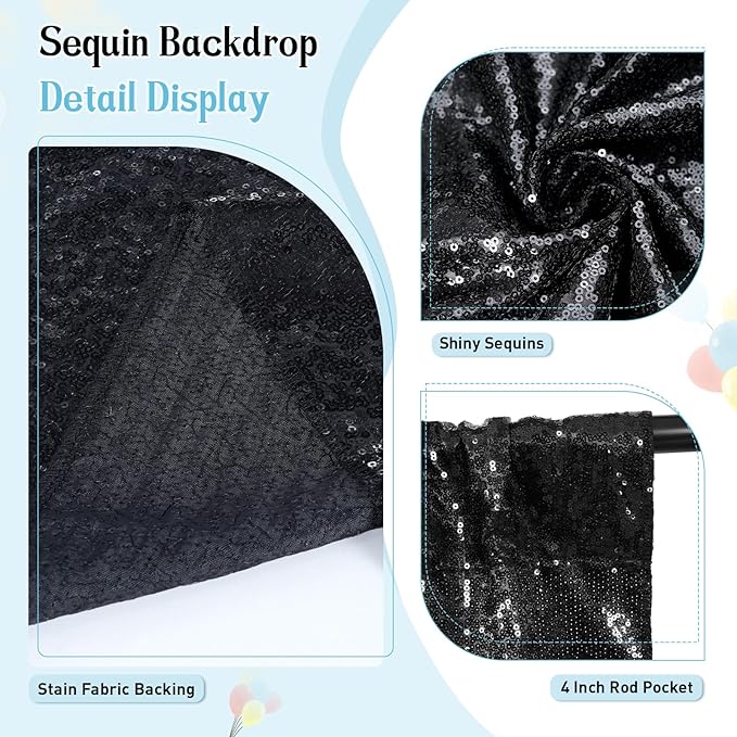 SquarePie Sequin Backdrop Curtain Less See Through Thick Glitter Background for Halloween Party 10FT x 10FT Black