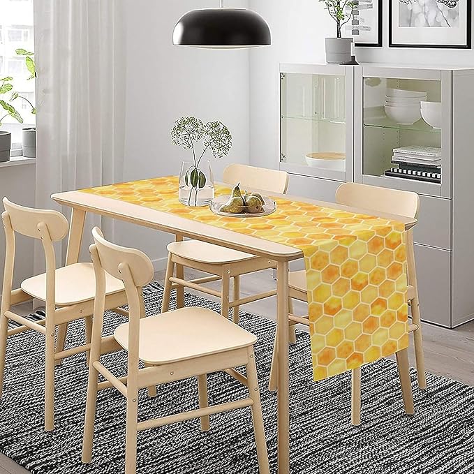 Honeycomb Bee Table Runner, Cute Abstract Geometric Yellow Honeycombs Print Table Cover for Kitchen Dining Table Indoor Outdoor Party Decor, 13x60inch